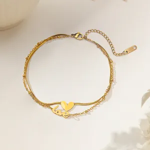 Tobillera de Doble Capa de Acero Inoxidable 304 Minimalista para Mujer Colgante de Corazón LOVE Chapado en Oro Joyería