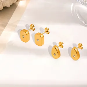 18K gold plated stainless steel stud earrings with starburst zircon in rectangle and drop shapes