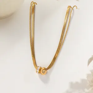 Collana con Pendente a Doppio Anello in Acciaio Inossidabile Minimalista da Donna Oro Argento Placcato Zirconia Catena a Doppio Strato