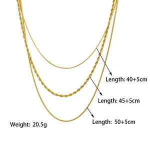 Ensemble de colliers superposés en acier inoxydable doré 18 carats avec maille serpent