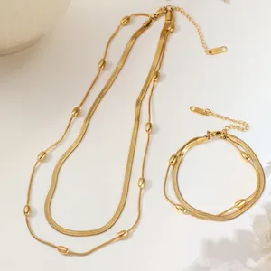 Double Layer Stainless Steel Necklace Bracelet Set Gold Silver Plated Snake Bone Blade Chain Bead Women Jewelry Elegant Gift
