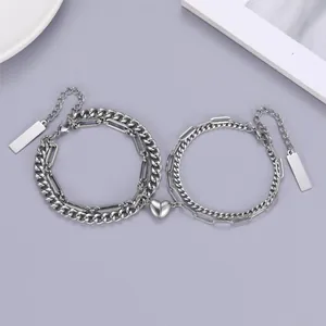 Stainless Steel Magnetic Heart Couple Bracelet Polished Minimalist Heart Attraction Jewelry For Lovers Valentine Day Gift