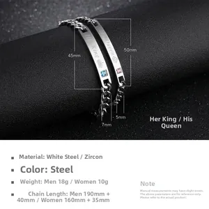 Detail view of titanium steel couple bracelets with Her King and His Queen engravings