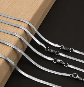Detail view of silver stainless steel herringbone blade chain necklaces with lobster clasp