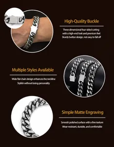 Close-up of matte stainless steel Cuban chain bracelet with custom logo clasp detail