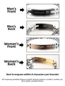 Macro detail of custom engraved titanium steel bracelets with I love you text