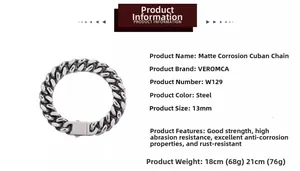 Detailed spec sheet for 13mm frosted etched Cuban chain bracelet in steel finish