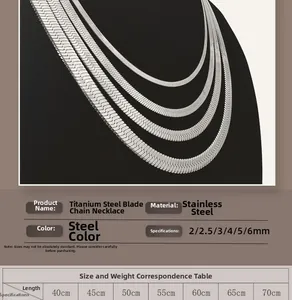 Size chart showing width and length options for stainless steel snake chain necklaces