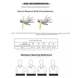 Size guide for frosted stainless steel Cuban link bracelet and necklace lengths
