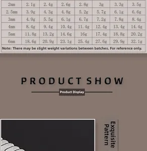 Size chart showing width 2mm-6mm and weight for stainless steel hip hop blade chains