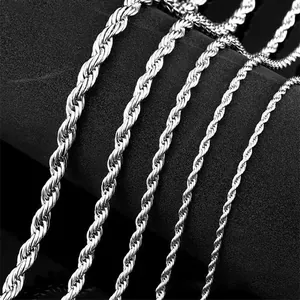 Macro shot showing five different thicknesses of silver stainless steel twist rope chains