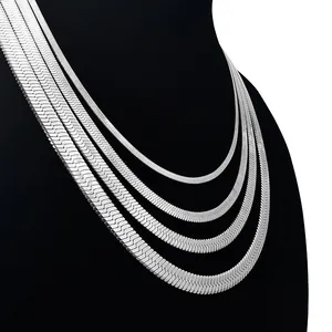 Detailed comparison of various widths for silver herringbone flat snake chains on a bust