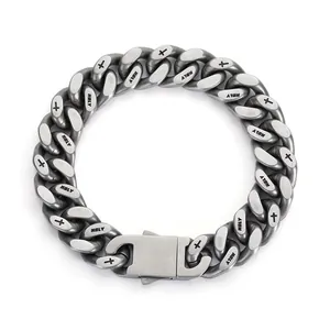 Mens matte stainless steel Cuban link bracelet with Holy engraving in hip-hop punk style