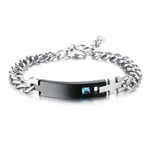 Titanium steel couple bracelet with black plate, blue gemstone and cross detail