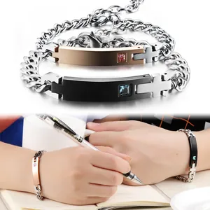 Titanium steel couple bracelet set with cross design and zircon inlay in rose gold and black