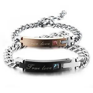 True Love engraved titanium steel couple bracelets set with CZ stones and cross detail