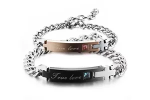 Cuban link couple bracelets in rose gold and black finish with 'True Love' engraving