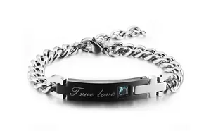 Silver Cuban chain bracelet for men with black bar, blue gem and True love engraving