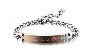 Customizable stainless steel couple bracelet with True Love engraving and pink gemstone