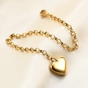 Minimalist 316L Stainless Steel Heart Pendant Bracelet For Women High Polished Rolo Chain Lobster Clasp Fashion Jewelry Gift