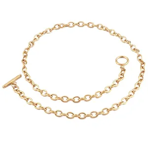 Polished 18K gold plated stainless steel necklace with classic T-bar toggle clasp