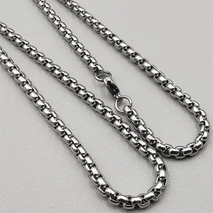 Polished silver round box chain necklace in stainless steel with secure lobster clasp