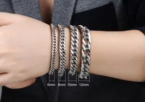 Comparison of silver Cuban link bracelets in 6mm, 8mm, 10mm, and 12mm widths