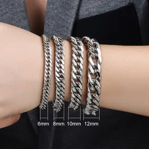 Men's silver titanium steel Cuban chain bracelet in 6mm, 8mm, 10mm, and 12mm widths