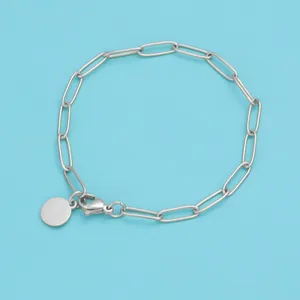 Detail shot of silver paperclip link bracelet with circular charm and lobster clasp
