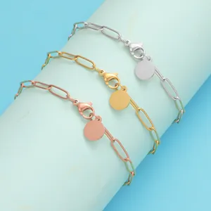 Paperclip Link Chain Bracelet 18K Gold Plated 304 Stainless Steel With Round Blank Pendant Hip Hop Style Jewelry