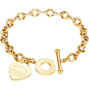 Stainless Steel Heart Pendant Toggle Clasp Bracelet For Women Minimalist Engraved Scripture Proverbs Religious Chain Jewelry Gift