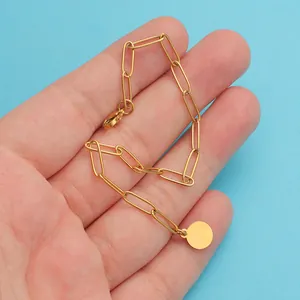 Golden stainless steel paperclip chain bracelet with round pendant for women