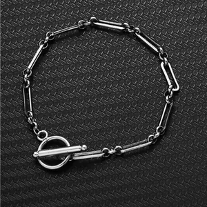 Polished silver stainless steel rectangular link chain necklace with OT toggle clasp detail