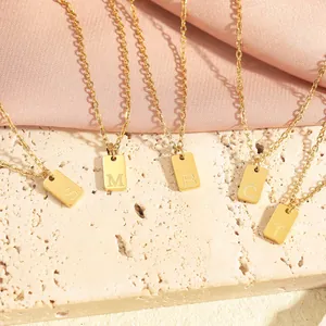 316L Stainless Steel 18K Gold Plated Initial Necklace Square Pendant Engraved Alphabet Tag Necklace Jewelry For Women