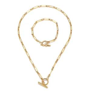 Minimalist gold-plated paperclip chain necklace and bracelet set with T-bar OT clasp