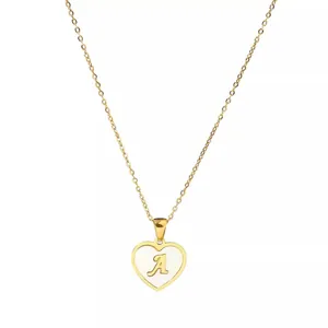 Minimalist 18K gold plated heart necklace with shell inlay and letter A pendant
