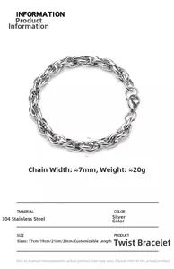 Spécifications d'un bracelet torsadé de 7mm en acier inoxydable 304 couleur argent