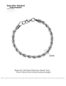 Close-up of 5mm silver rope chain bracelet in 304 stainless steel with lobster clasp