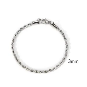 Detail of 3mm silver rope chain bracelet showing twisted texture and lobster clasp