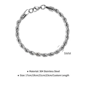 5mm silver rope chain bracelet in 304 stainless steel with multiple length options