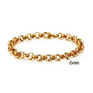 Detailed view of a 6mm gold-plated rolo chain bracelet with a secure lobster clasp