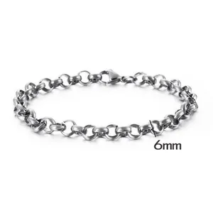 Detail showing 6mm width of silver stainless steel round link chain with lobster clasp