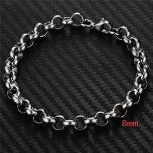 Detail view of 8mm silver stainless steel rollo chain bracelet with lobster clasp