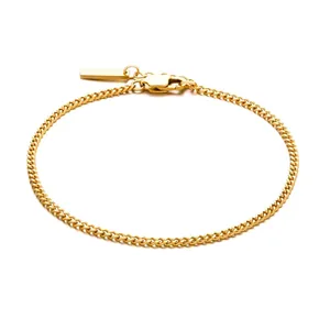 Polished 4mm gold cuban link bracelet for men with lobster clasp and metal tag