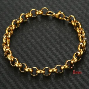 Detail view of 8mm golden stainless steel rolo chain bracelet with lobster clasp