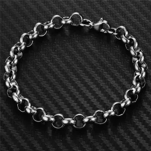 Polished silver stainless steel Rolo chain bracelet with secure lobster clasp for men