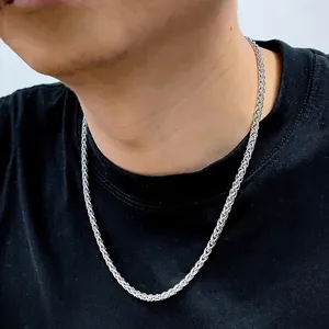 Men's 5MM silver stainless steel wheat chain necklace worn on black t-shirt model