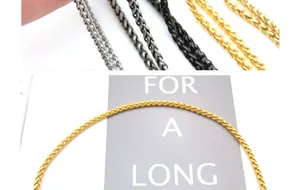 Detail of 3mm stainless steel wheat chains in silver, black, and gold for DIY jewelry