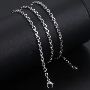 Polished silver stainless steel O-chain necklace with secure lobster clasp on leather base