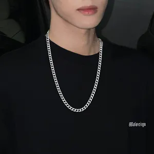 Men's silver-tone titanium steel Cuban link chain necklace for urban hip-hop street style